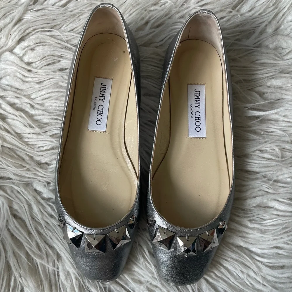 Jimmy Choo Watson Silver Metallic Calf Leather Studded Accents Ballet Flats 37